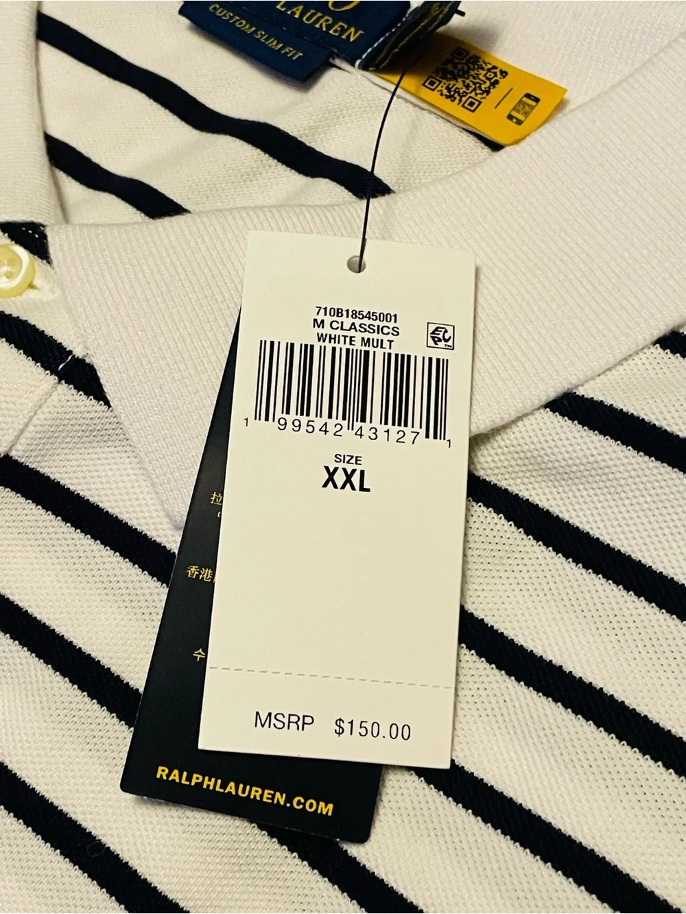 🔥Polo Ralph Lauren Custom Slim Fit Polo Bear Polo Shirt. White/Navy, 2XL NWT🏷️🐻